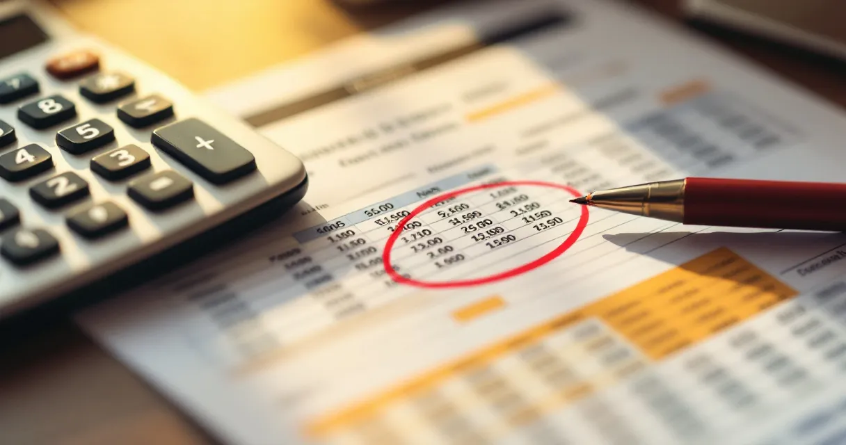Spreadsheet printout with highlighted rows, calculator, red pen circling numbers