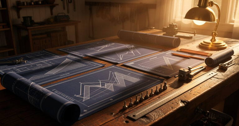Valuation blueprints on workbench at golden hour