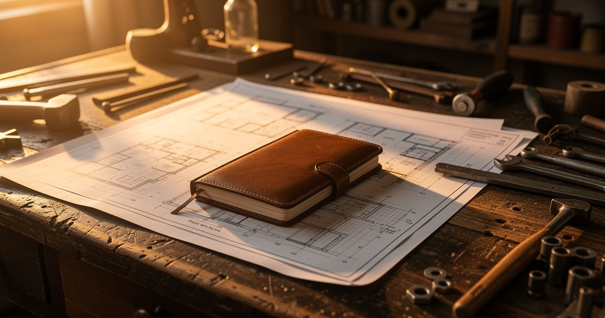 Business preparation blueprints on craftsman desk at golden hour