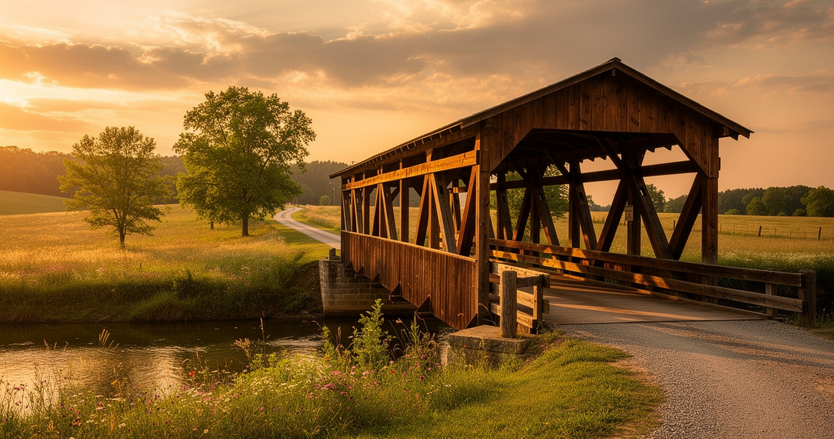 Covered bridge in Tennessee countryside at golden hour