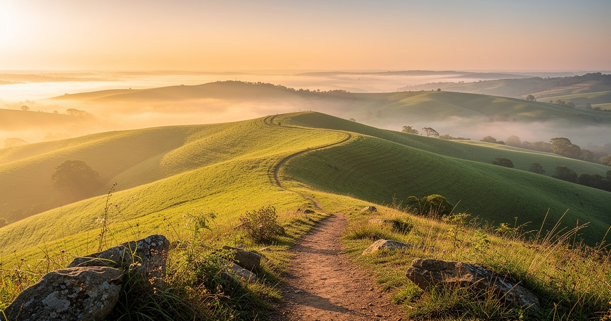 Ridge trail vista over rolling hills at golden hour