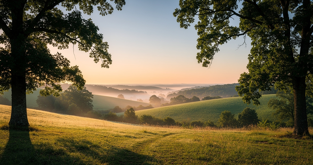 Tree-framed green hills at sunrise for healthcare leadership