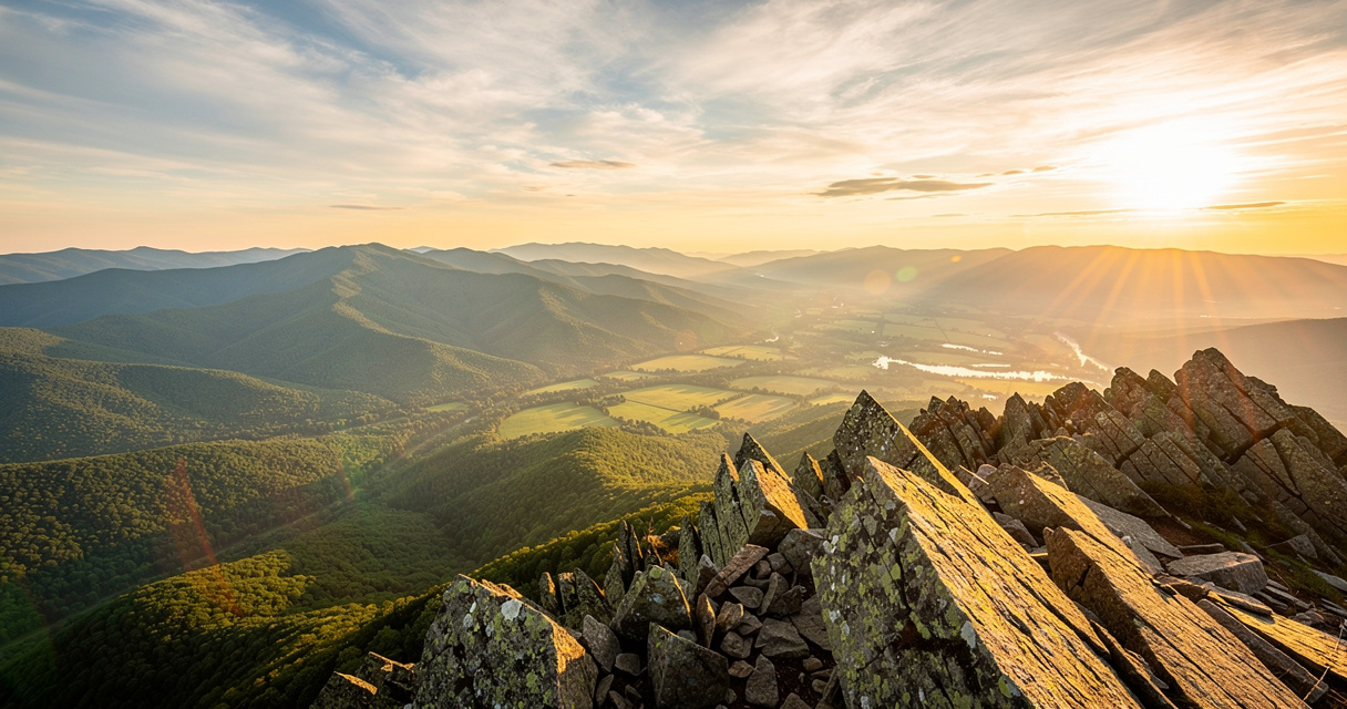 Mountain summit overlook at golden hour for strategic leadership