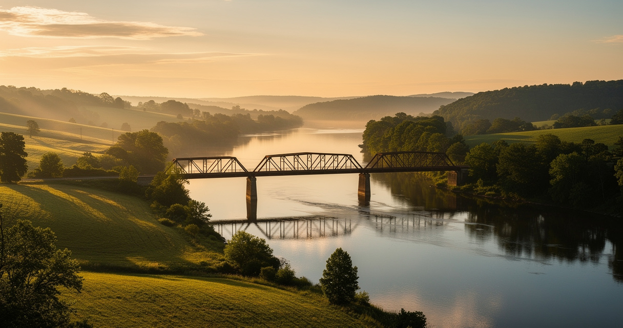 River valley and bridge at golden hour representing business worth