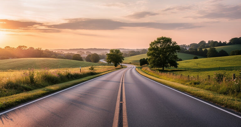Winding country road at golden hour for valuation preparation