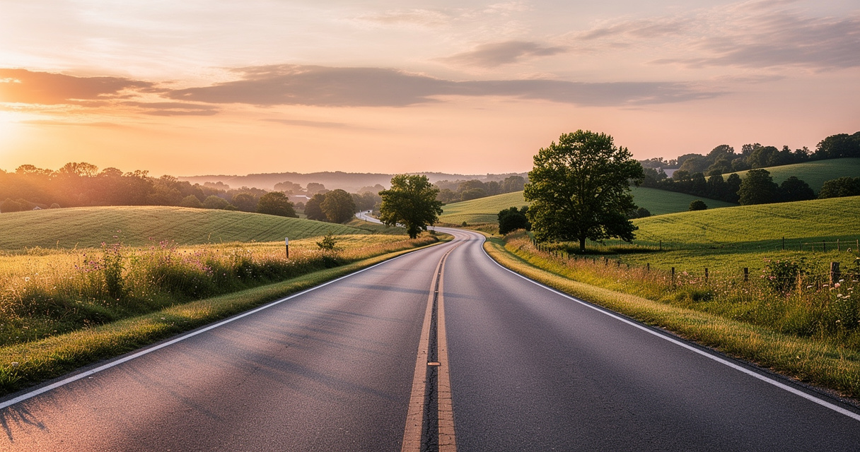 Winding country road at golden hour for valuation preparation