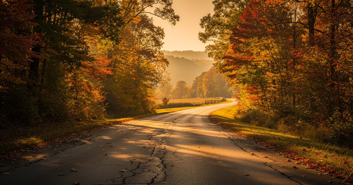 Autumn country road in golden light representing business value