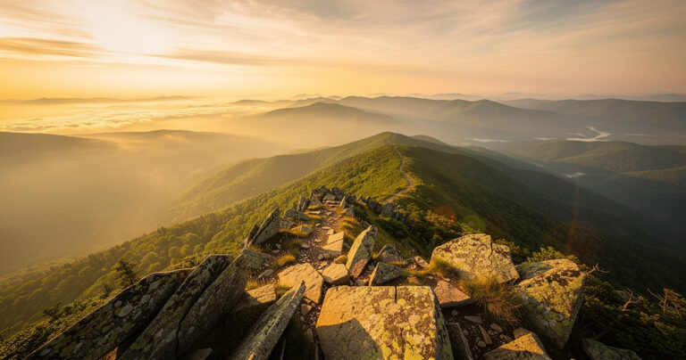 Mountain summit panorama at golden hour