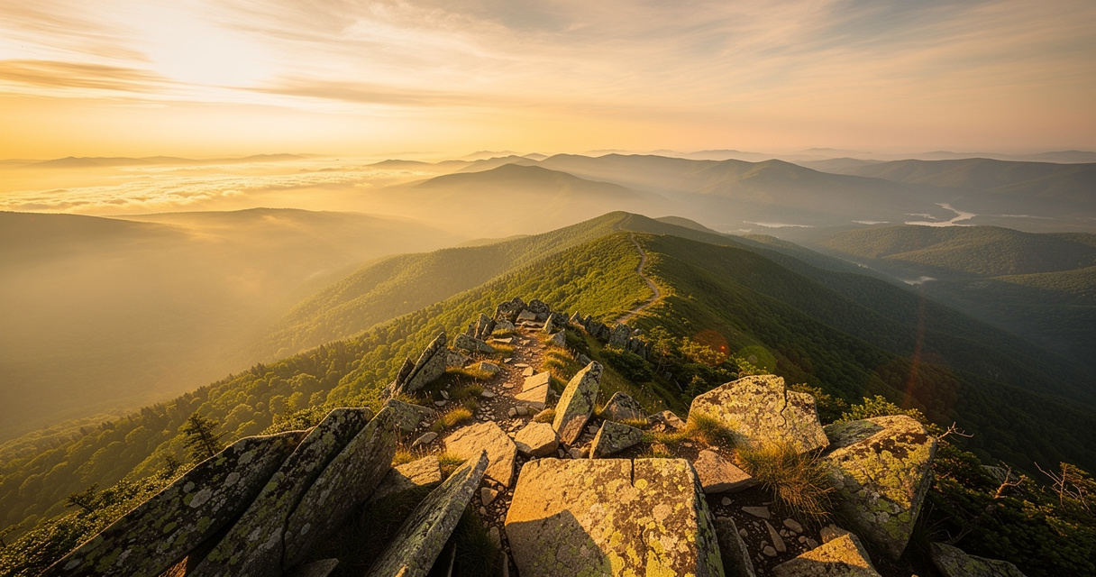 Mountain summit panorama at golden hour