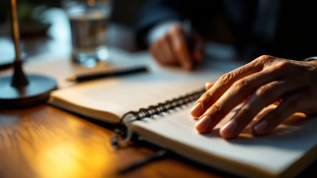 Hand on a desk with a notebook under warm lamp light