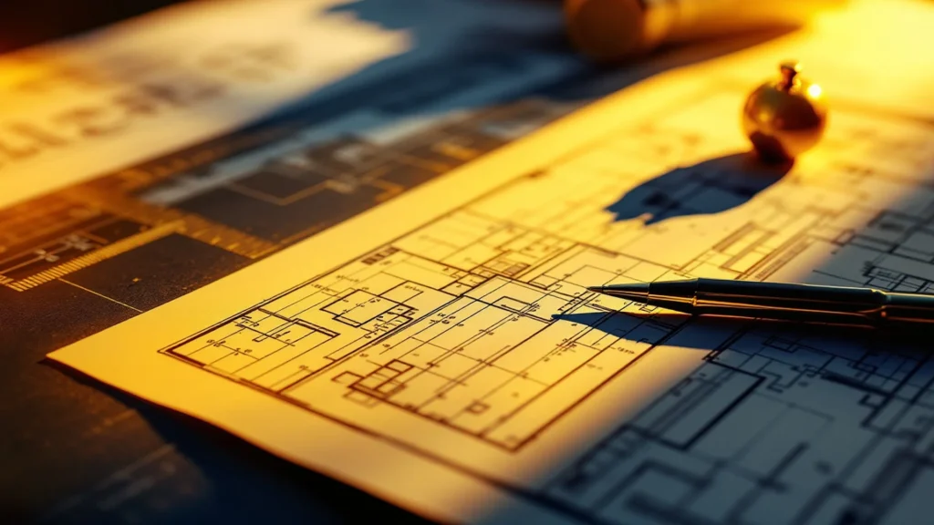 Architectural blueprints on a dark surface
