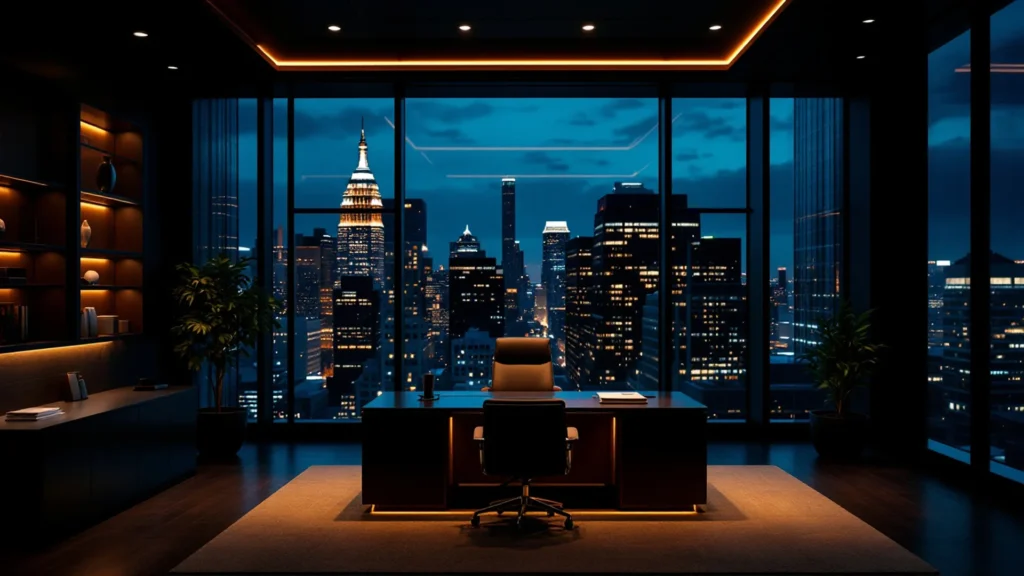 Executive office at night with city lights