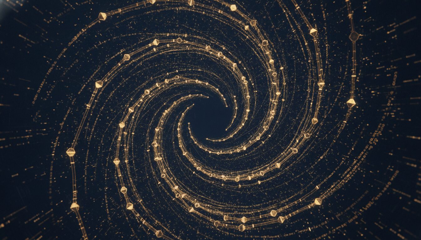 Abstract visualization of AI language model token processing — glowing data streams on navy blue background with amber highlights