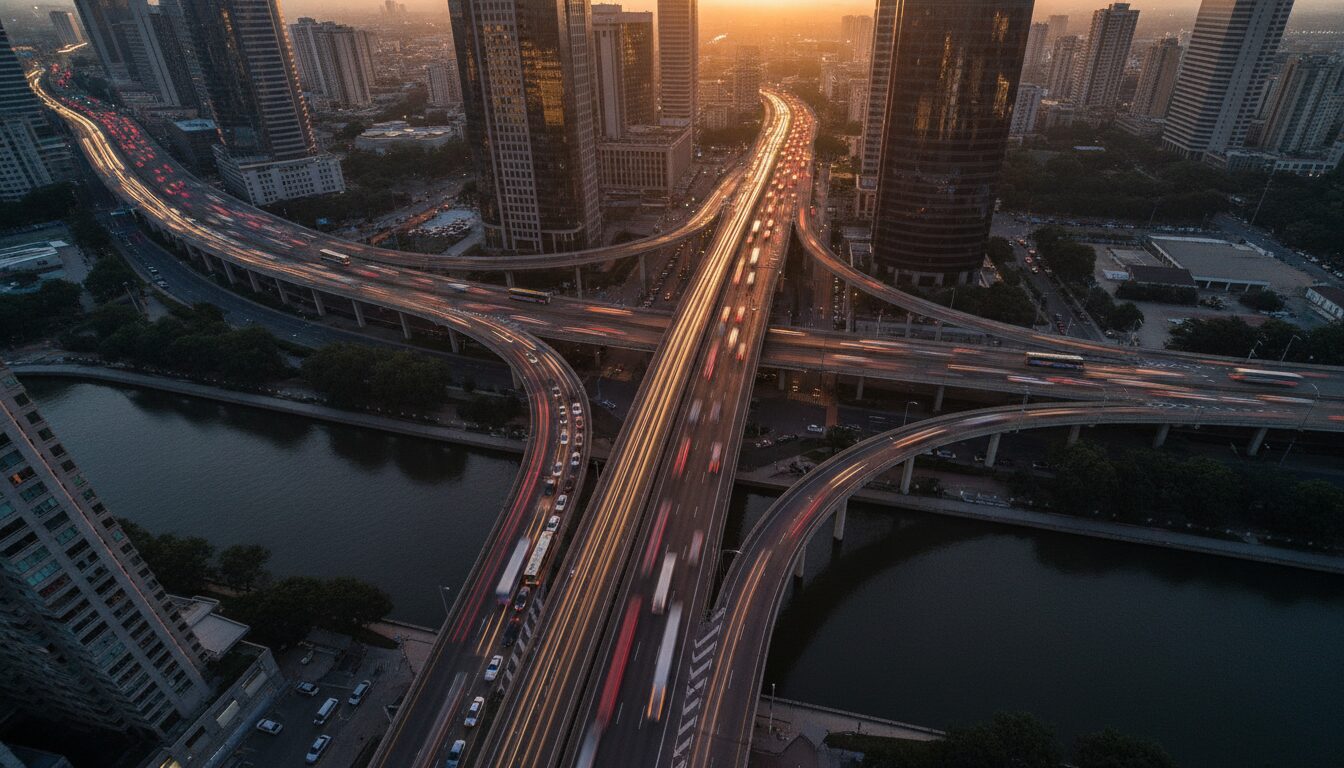Aerial city intersection at golden hour representing deal flow and market momentum