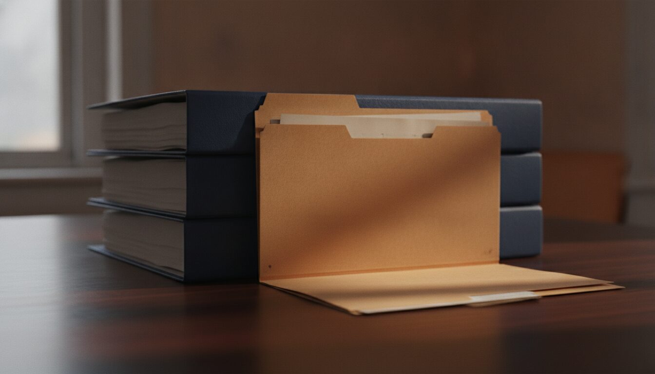 Single small business folder in front of large institutional reports representing PE interest in smaller companies