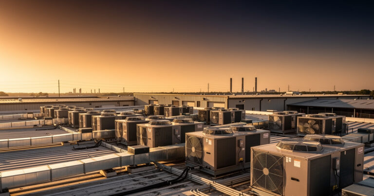 HVAC rooftop units on industrial building at golden hour