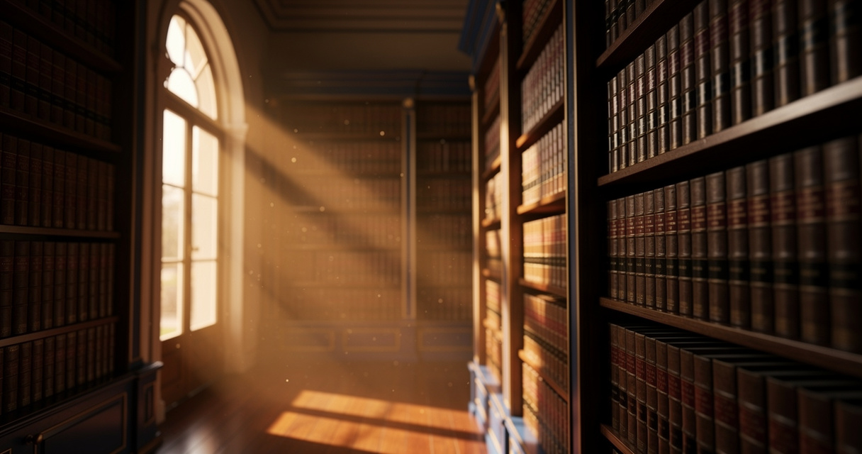 Law library with golden window light