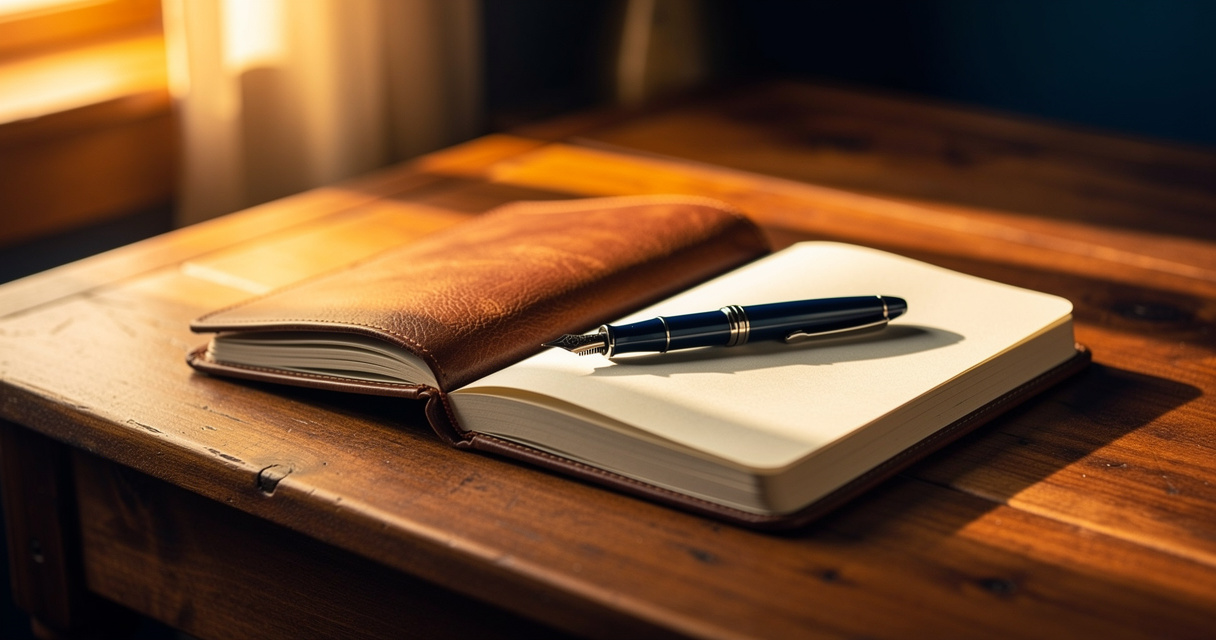 Open leather journal and fountain pen on craftsman desk