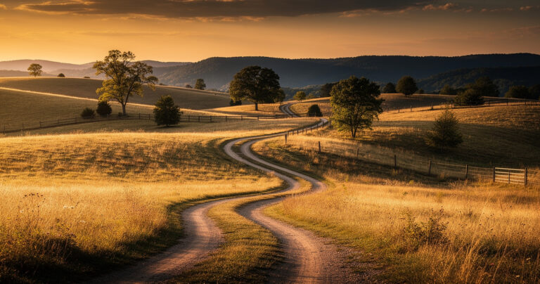 Three paths across rolling hills at golden hour