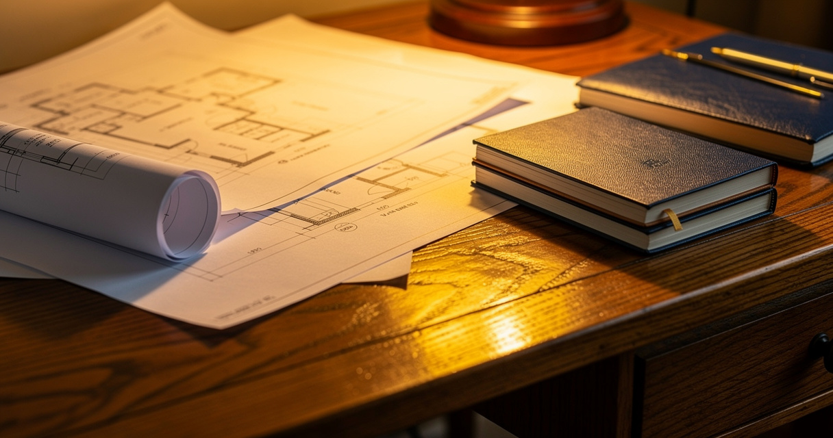 Blueprints and structured notebooks on oak desk