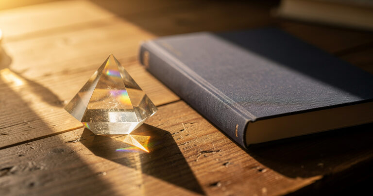 Crystal prism catching golden sunlight on wooden desk