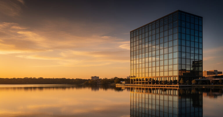 Glass tower reflected in calm water at golden hour