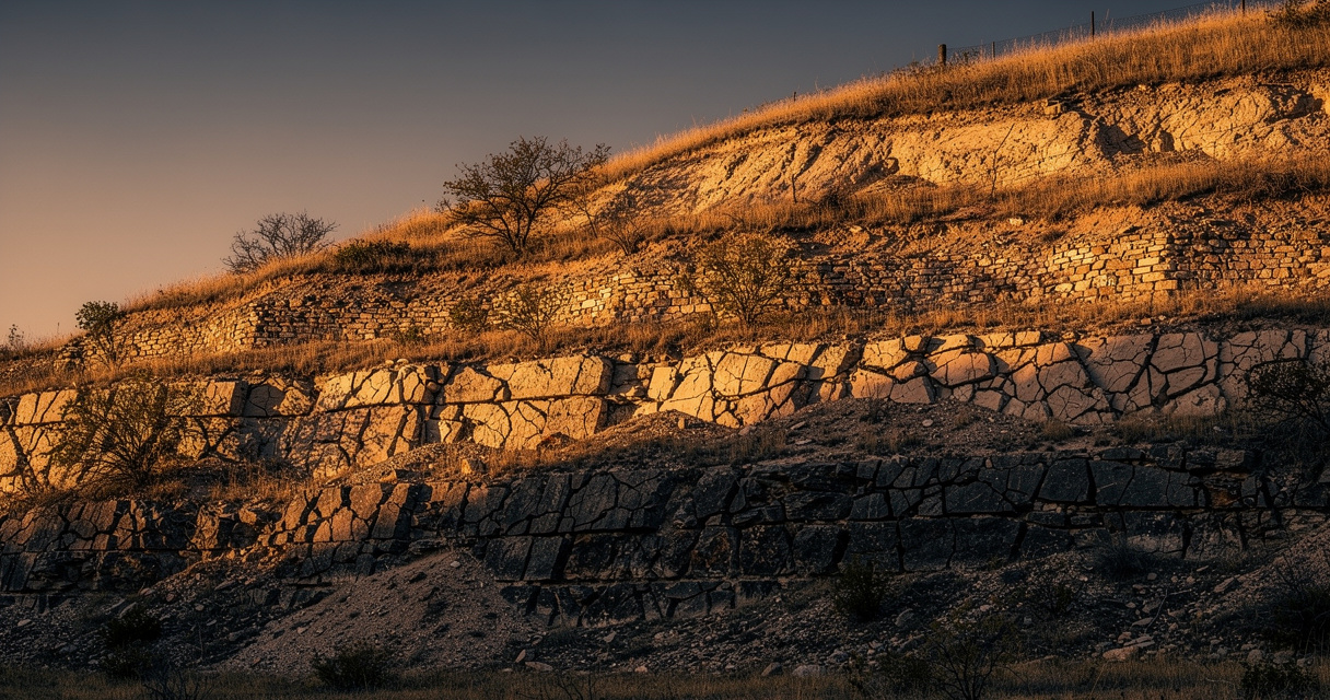 Three stone layers in hillside at golden hour