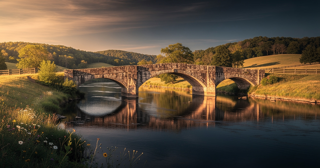 Stone arch bridge at golden hour