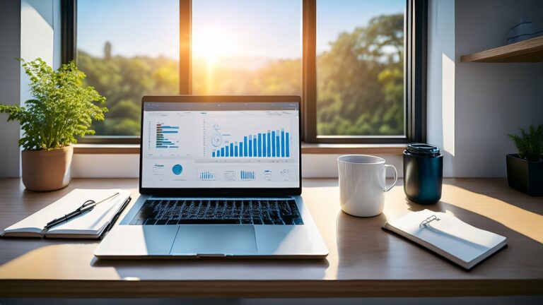 Laptop showing analytics dashboard on a clean desk with coffee and notebook