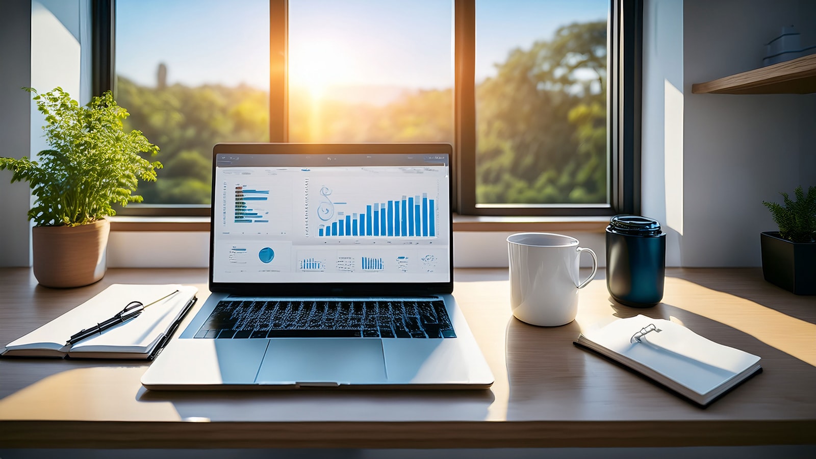 Laptop showing analytics dashboard on a clean desk with coffee and notebook